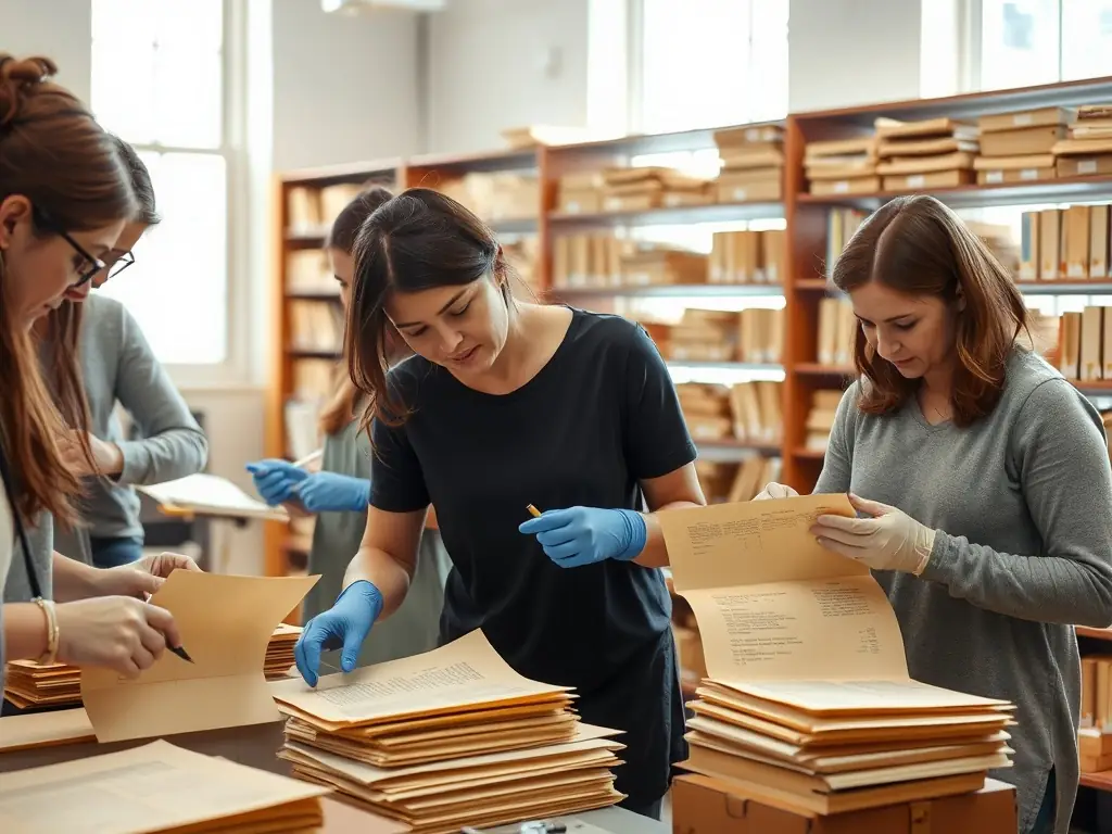 A photograph of volunteers carefully sorting and cataloging historical documents in the Rupificaldien archive, showcasing the dedication to preserving local history.